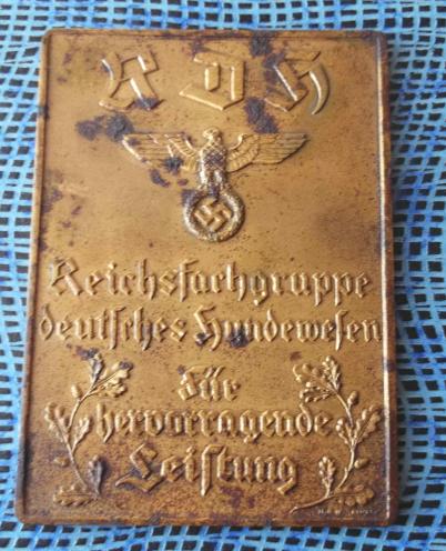 German Third Reich Kennel Club Merit Plaque RDH