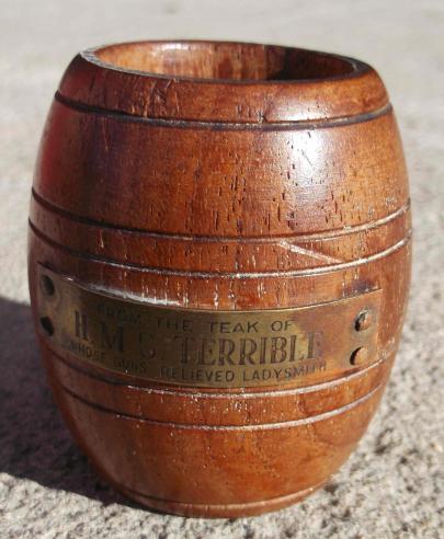 HMS Terrible Souvenir Teak Barrel Relief of Ladysmith Boer War Gunboat