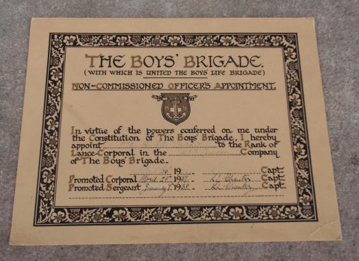 British Boys Brigade NCOs Promotion Document 1936 to 1938 London