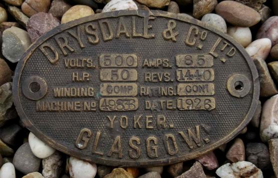 Scottish Brass Machine Plate 1926 Drysdale & Co Ltd Yoker Glasgow