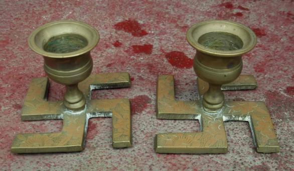 Vintage Swastika Base Brass Good Luck Candlesticks Pair