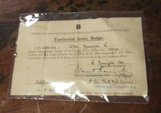 British Territorial Army Badge Certificate CSM Greenfield KOYLI