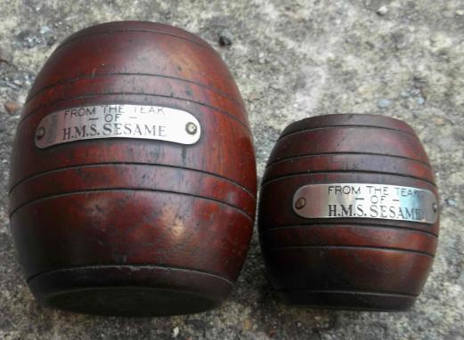 British Teak Souvenir Wood Barrels HMS Sesame Royal Navy 