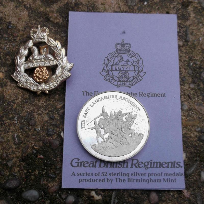 British Birmingham Mint Silver Medal and Cap Badge East Lancashire Regiment