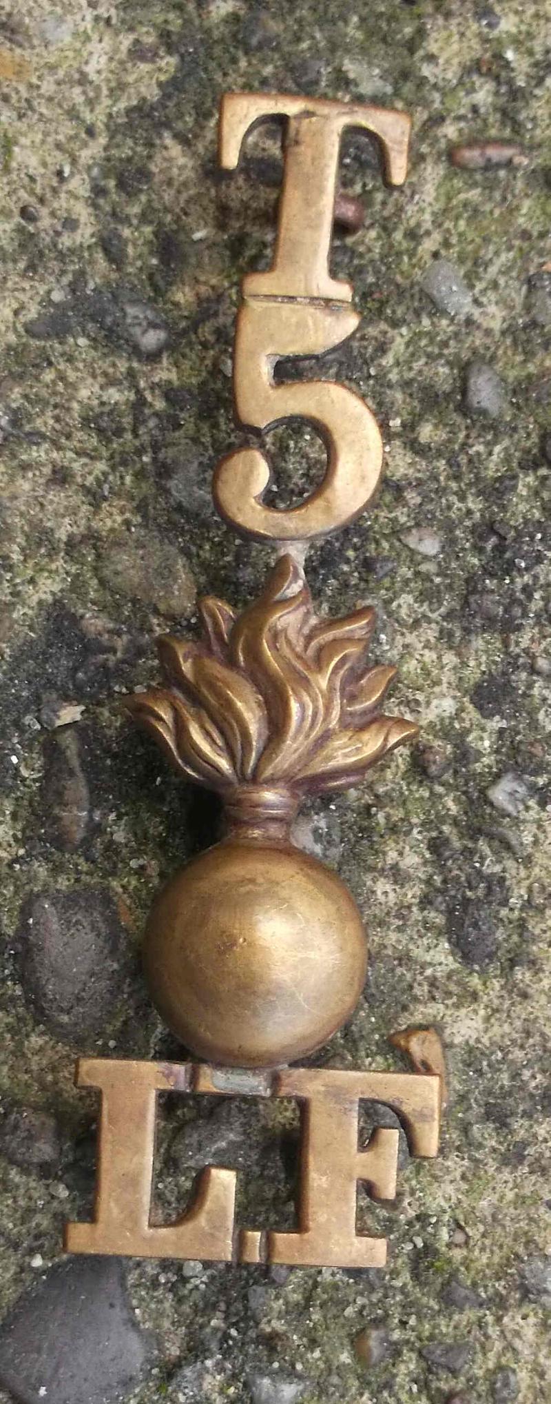 WW1 Lancashire Fusiliers Regiment Shoulder Title T5LF Territorial 5th Battalion
